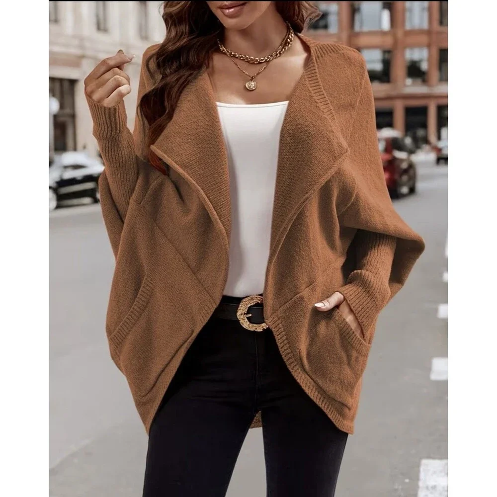 Elegant Long Sleeve Cardigan Black with Collar and Batwing Style for Women Small